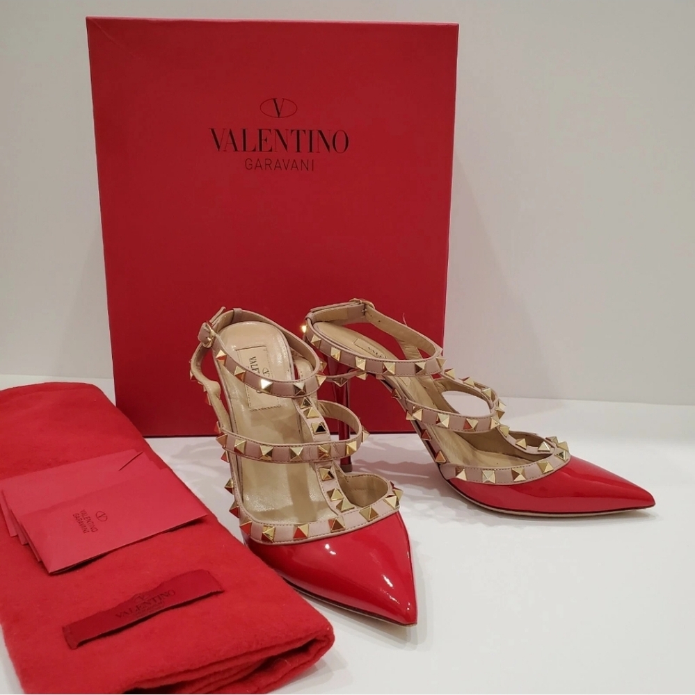 100% AUTHENTIC VALENTINO GARAVANI ANKLE STRAP RED LEATHER PATENT HEELS PUMP 37 7